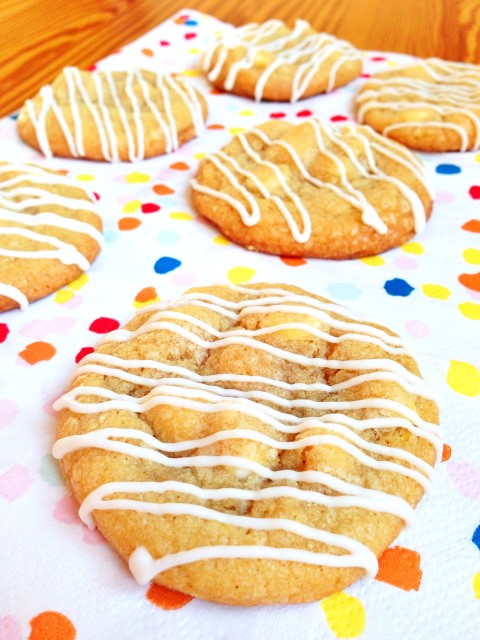 Delicious. chewy cookies, studded with white chocolate chips, lightly flavored with lemon and drizzled with more chocolate