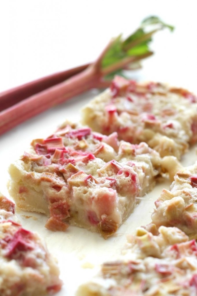 Rhubarb bars with a shortbread crust and tangy rhubarb custard filling are a fun, easy spring dessert. Visit my blog for all the best rhubarb recipes on the internet. #rhubarb