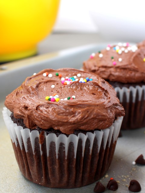 Chocolate Birthday Cupcakes. Who wouldn't love a rich chocolate cupcake with fluffy milk chocolate frosting for their birthday!?!? Be sure not to forget the sprinkles.