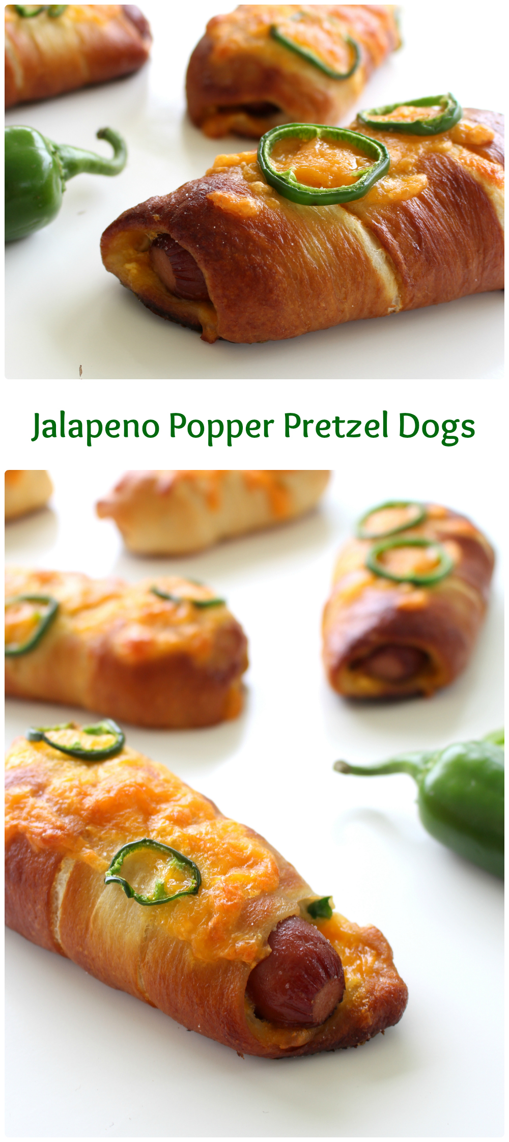 Jalapeno Popper Pretzel Dogs. A hot dog wrapped in soft, chewy pretzel dough stuffed with cheese and jalapenos.