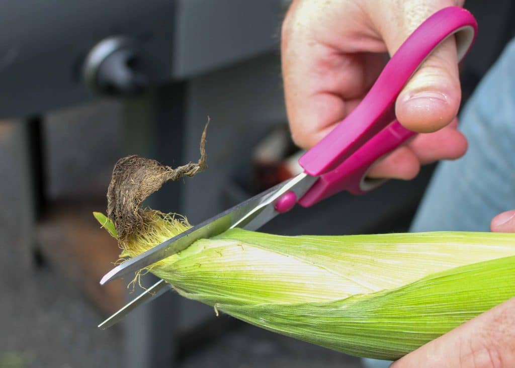 Trimming the ears of corn before grilling