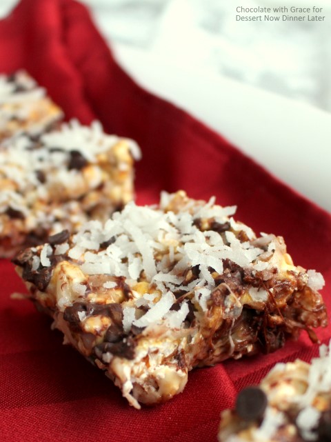 Chocolate Coconut Caramel Popcorn Bars