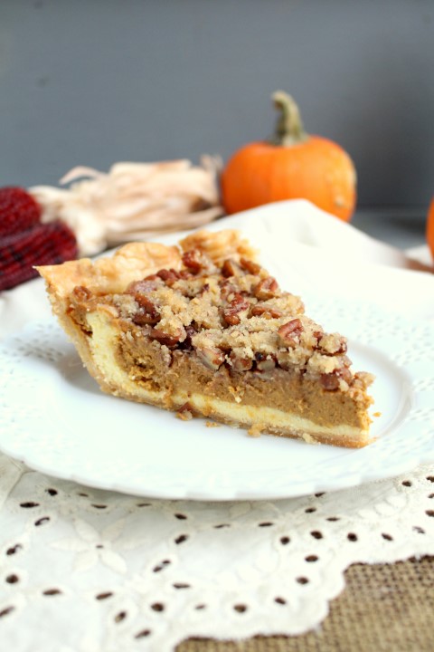 Pumpkin Cheesecake Pie with Streusel - Chocolate with Grace