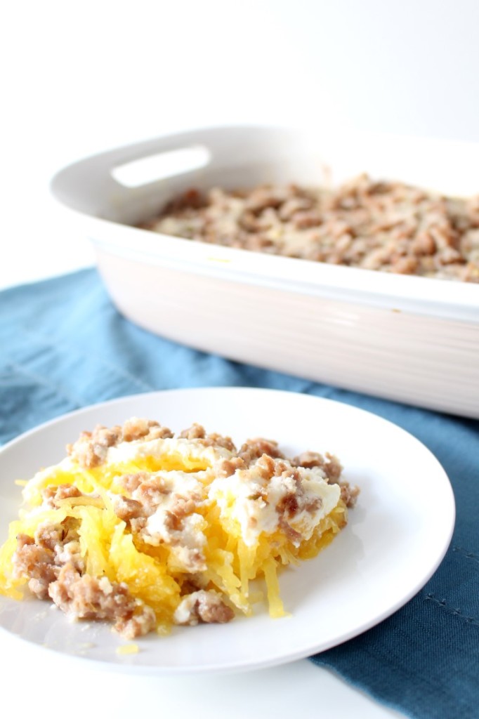 This Sausage Spaghetti Squash Casserole only requires 5 ingredients and is deliciously creamy thanks to ricotta cheese. 