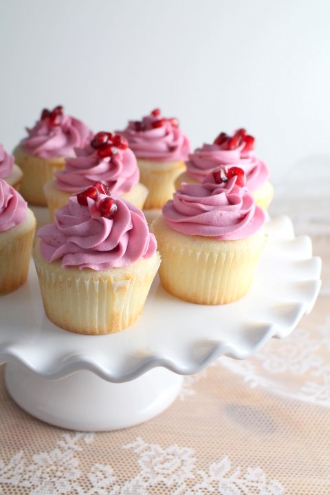 Perfect White Cupcakes with Pomegranate Frosting