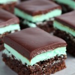 A fudgy mint brownie spread with a fluffy, mint buttercream and a rich, smooth chocolate ganache.