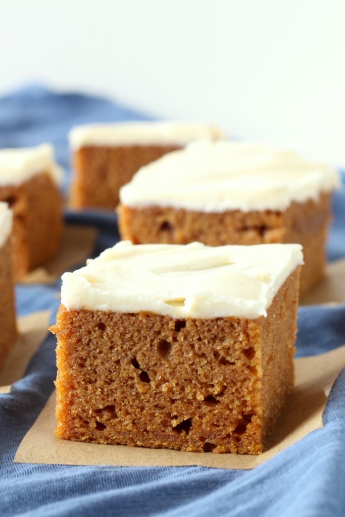 Classic pumpkin bars that are super soft and moist and spread with a thick layer of tangy cream cheese frosting.