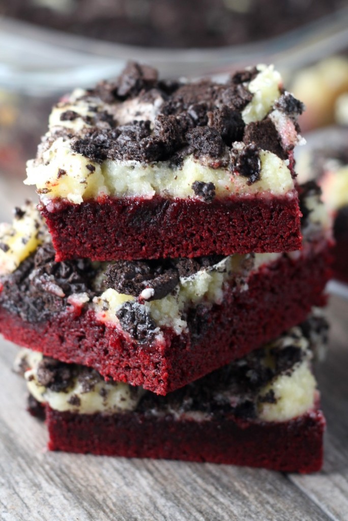 Only 6 ingredients! Gooey Red Velvet Cookies and Cream Bars. made with a cake mix.