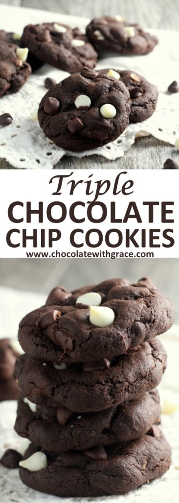 These thick and soft triple chocolate chip cookies have a chocolate cookie base filled with dark and white chocolate chips. 