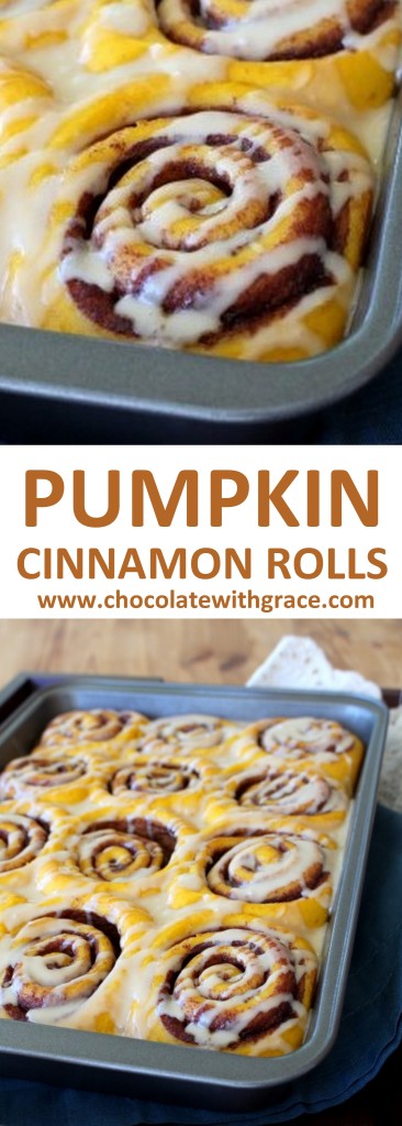 Soft Pumpkin cinnamon rolls with cream cheese frosting. A perfect Thanksgiving or Christmas Breakfast recipe.