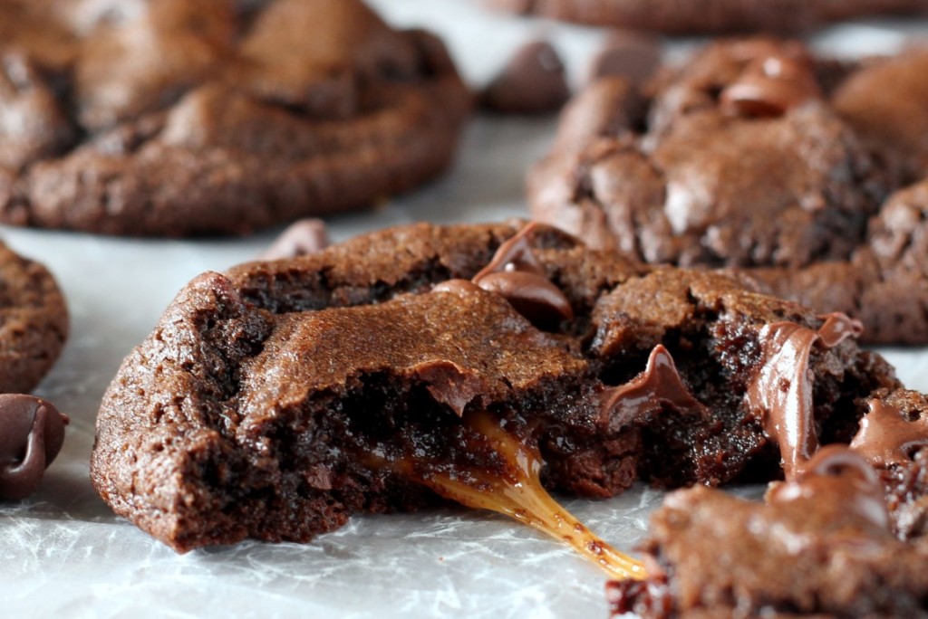 Caramel Stuffed Double Chocolate Chip Cookies