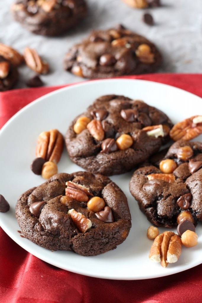 Chocolate Turtle cookies filled with pecans, caramel bits and chocolate chips. A fun, easy Christmas cookie recipe.