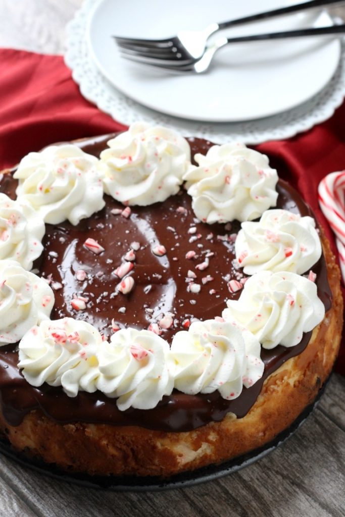 Chocolate Peppermint Cheesecake | Classic treats for Christmas dessert | White Chocolate Peppermint Cheesecake with ganache and whipped cream