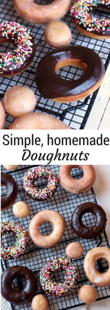 Homemade Fried Yeast Donuts with Vanilla or chocolate glaze and sprinkles of course. Because sprinkle donuts are the best!