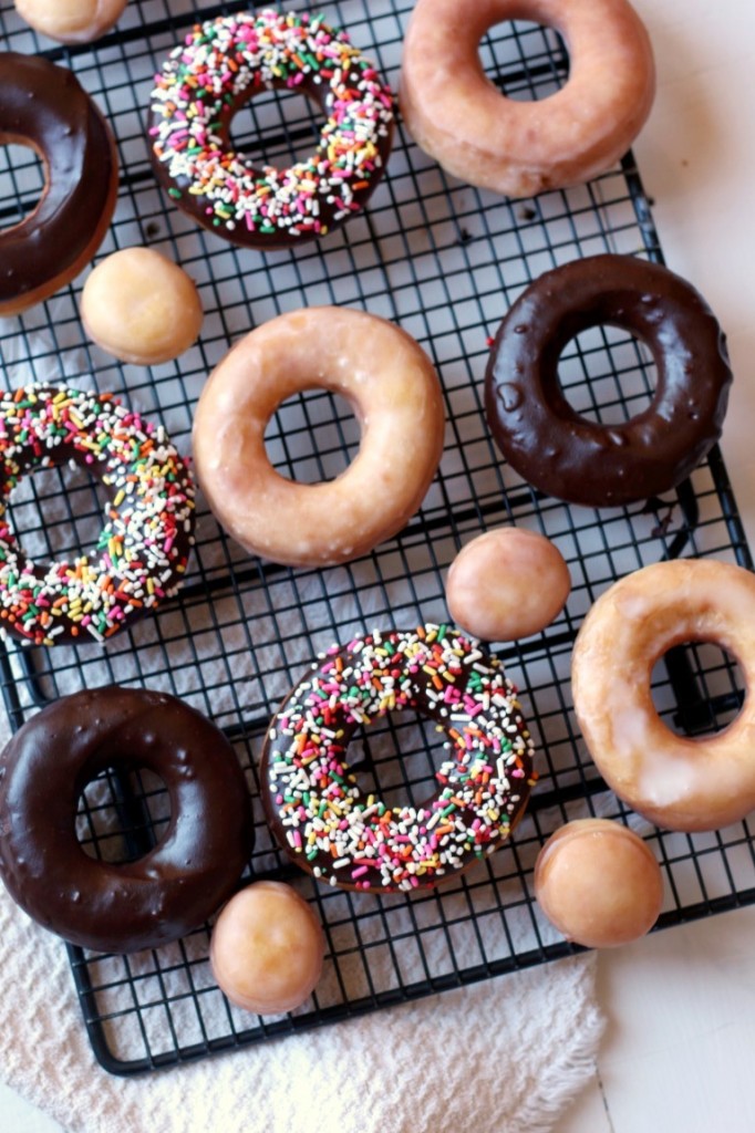 Homemade Fried Yeast Donuts with Vanilla or chocolate glaze and sprinkles of course. Because sprinkle donuts are the best! 