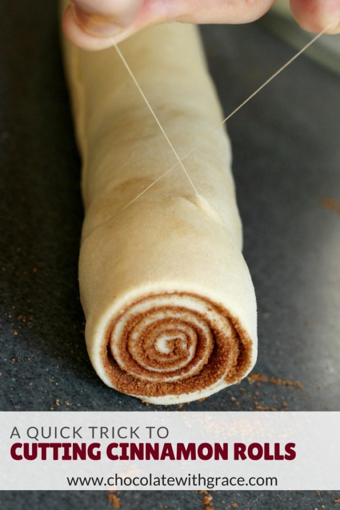 A quick tip for cutting perfect cinnamon rolls. Check out the post for more tips and tricks to make the perfect cinnamon rolls. #cinnamonrolls