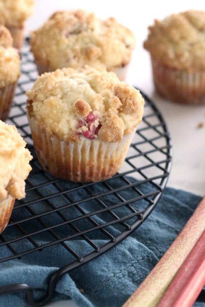 Rhubarb Streusel Muffins. Are puffy tender, just like your bakery favorites. An easy and quick rhubarb muffin recipe. Visit my blog for all the best rhubarb recipes.