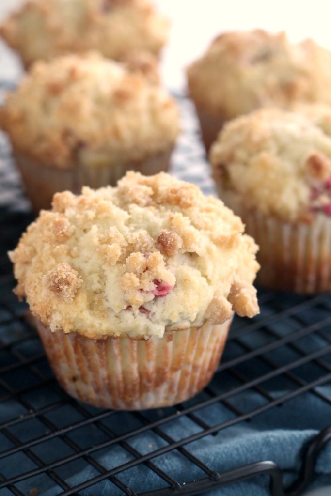 Rhubarb Streusel Muffins. Are puffy tender, just like your bakery favorites. An easy and quick rhubarb muffin recipe. Visit my blog for all the best rhubarb recipes.