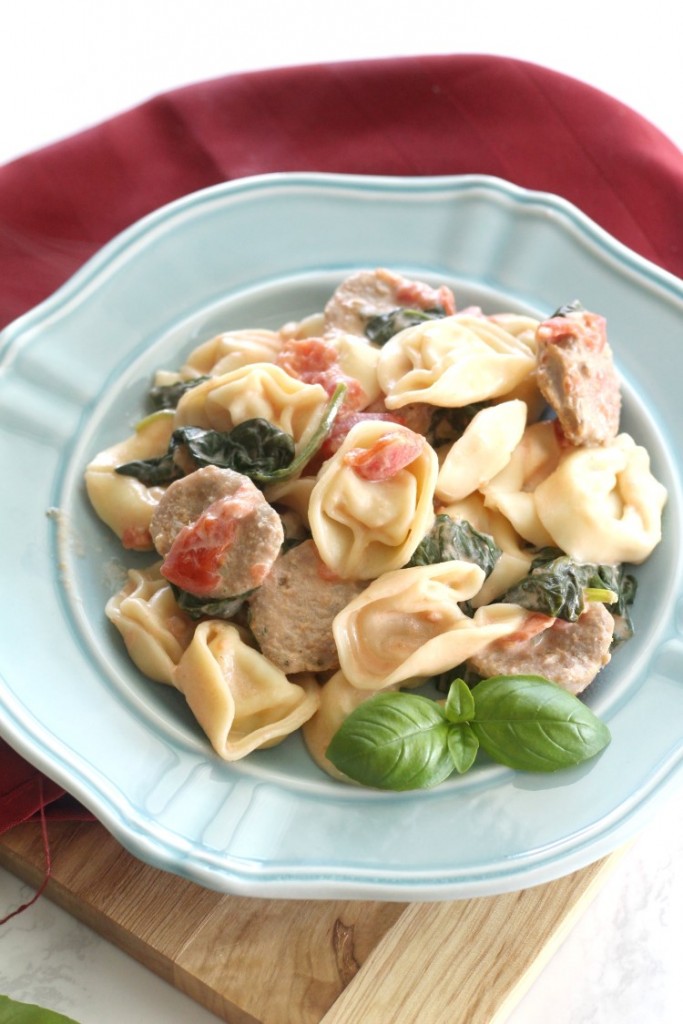 Creamy Italian Sausage and Tortellini. An easy weeknight dinner recipe that comes together fast. It's a lighter Italian dish with lot of great flavor. 