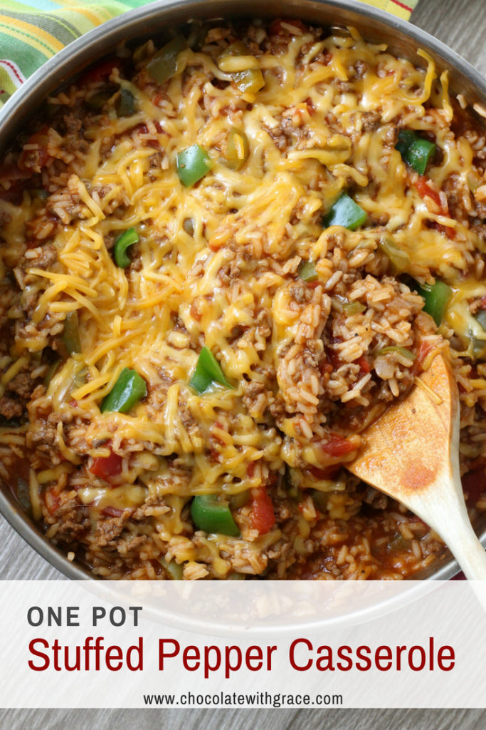 Cheesy One Pot Stuffed Pepper Casserole. An easy weeknight meal made with ground beef and rice.