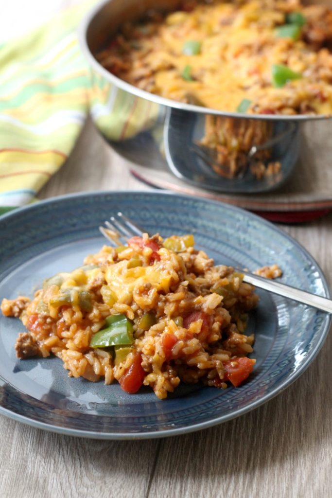 Cheesy One Pot Stuffed Pepper Casserole. An easy weeknight meal made with ground beef and rice.