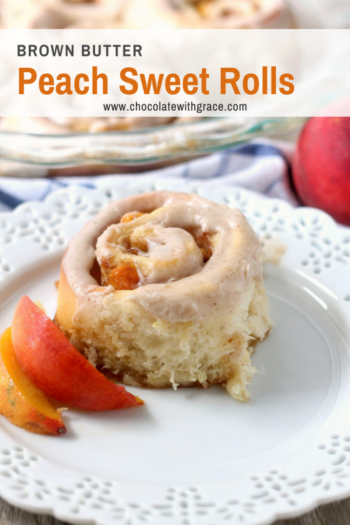 Brown Sugar Peach Sweet Rolls are a fun summer breakfast or brunch treat. A perfect summer fruit dessert recipe that can be frosted with either cream cheese or brown butter frosting.