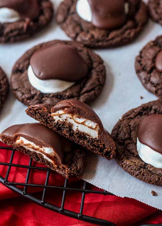 Chewy chocolate cookies topped with marshmallows and fudge frosting