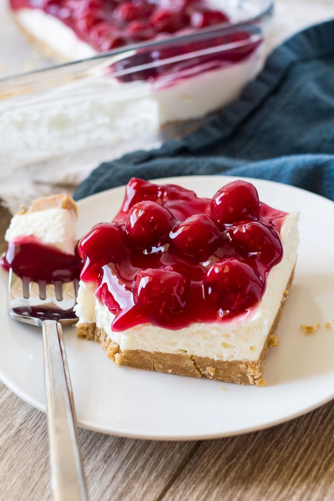 No bake cheesecake bars with cherry pie filling