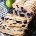 blueberry lime bread on a cooling rack.