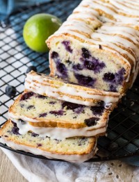 blueberry lime bread on a cooling rack.