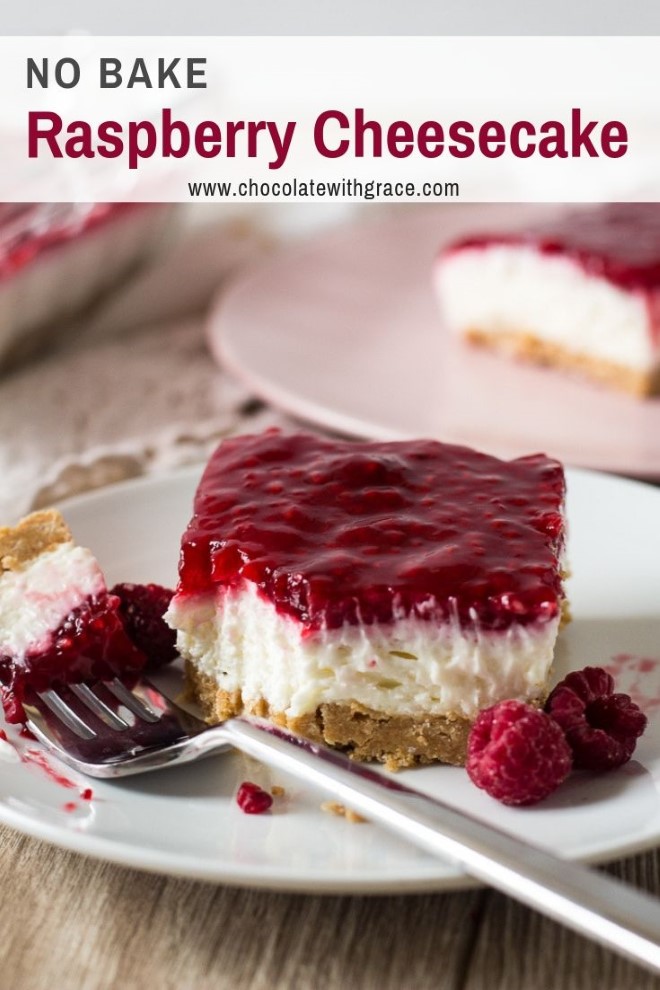 no bake raspberry cheesecake on a pink plate