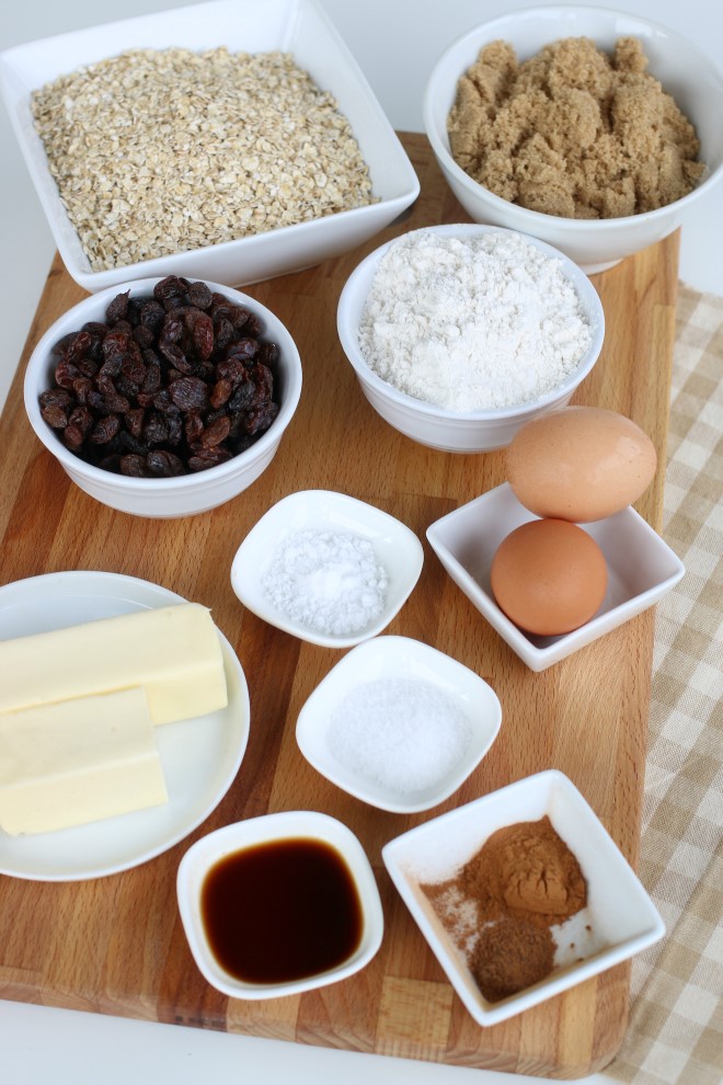 Ingredients to make oatmeal cookies with raisins.