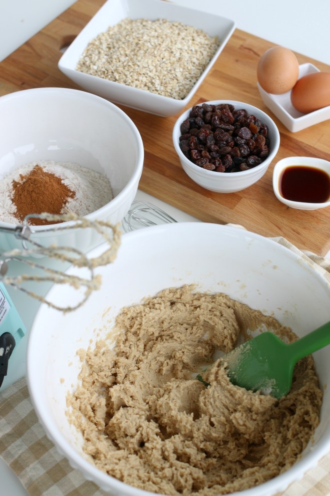 Cooking oatmeal cookies with raisins.