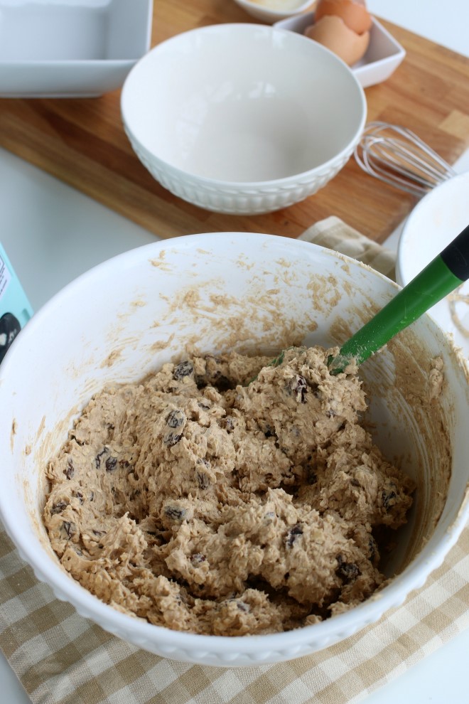 Batter for an oatmeal cookie recipe in a mixing bowl.