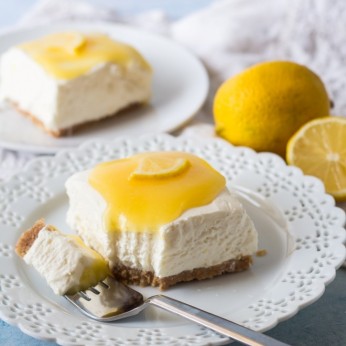 no bake lemon cheesecake with a fork bite taken out