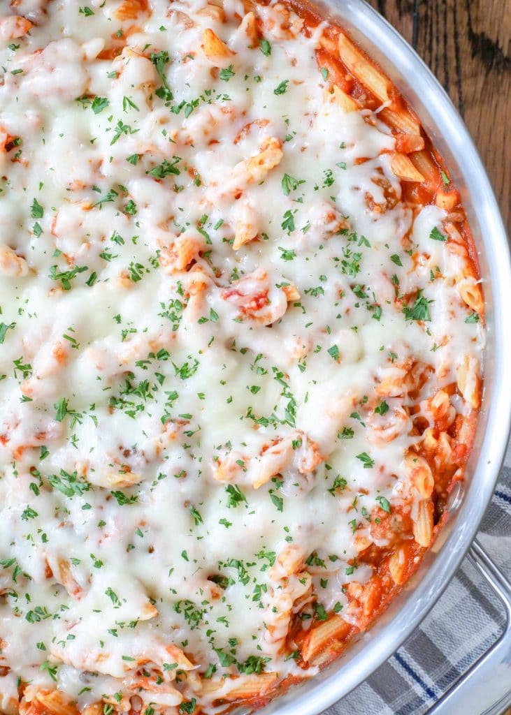 Super cheesy baked pasta with sausage