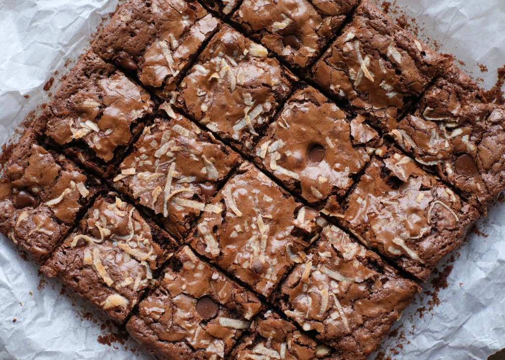 Chewy coconut brownies with chocolate chips