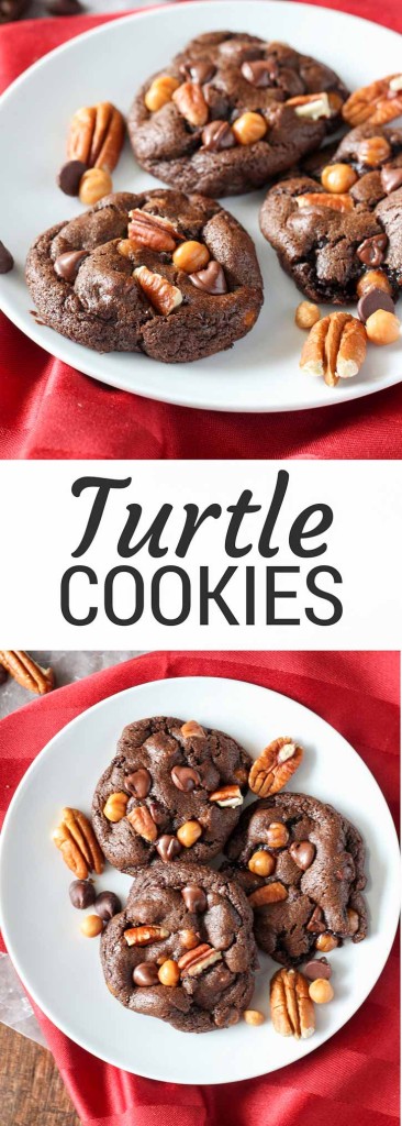 Chewy Chocolate Turtle Cookies are a Christmas favorite.