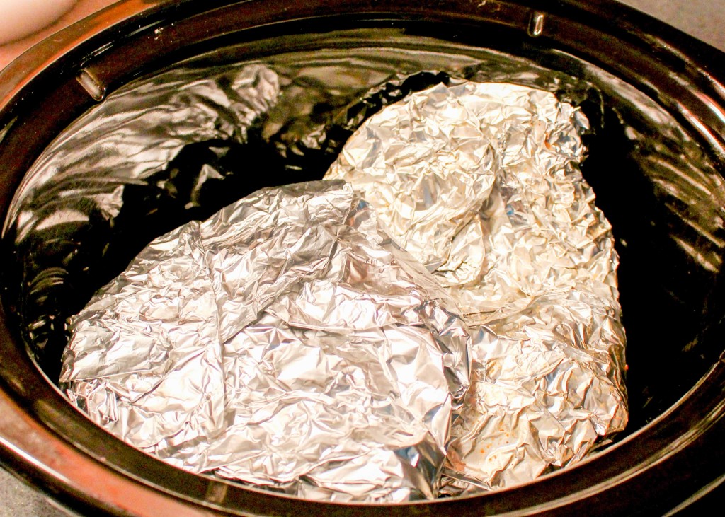 Brisket wrapped in foil in the crockpot