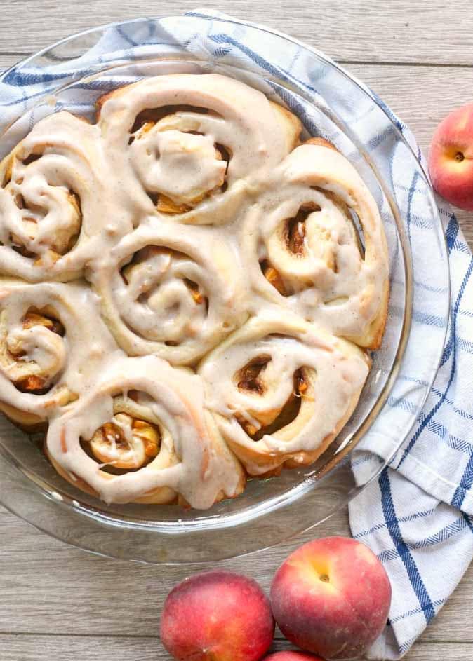 Peach filled cinnamon rolls are a sure win with everyone!