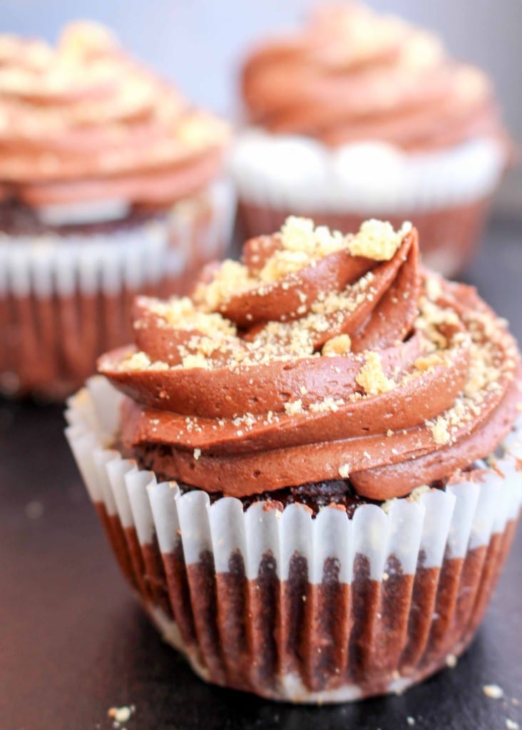 S'mores Cupcakes with graham cracker crust, marshmallow filling, and fluffy chocolate frosting