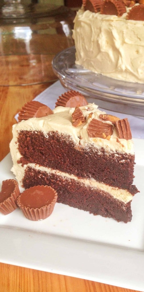 Chocolate Cake with Peanut Butter Frosting slice with cake in the background