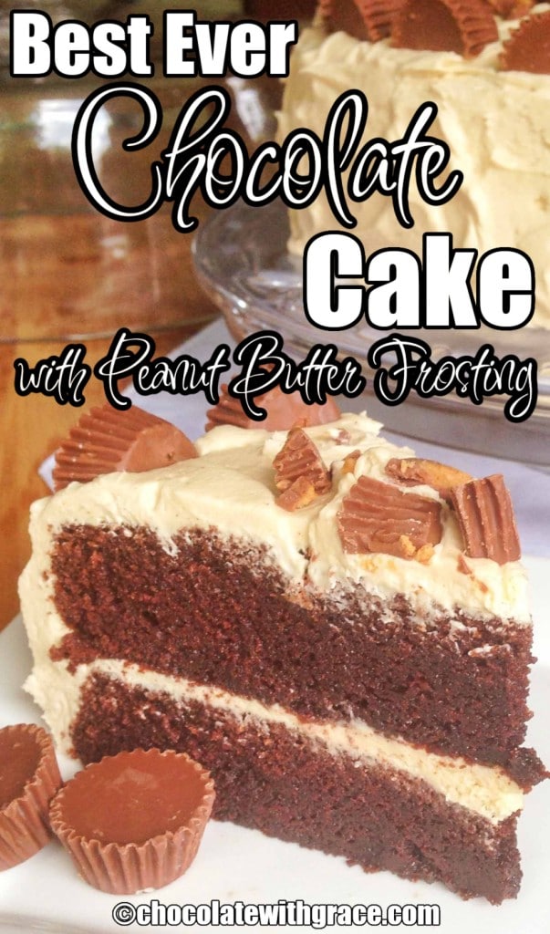Chocolate Cake with Peanut Butter Frosting cake slice with Reese's cups