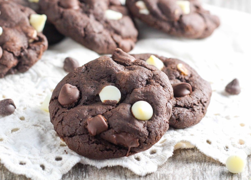Chocolate, chocolate chip cookies with white and dark chocolate chips.
