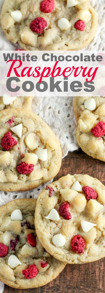 stacked cookies with white chocolate chips and freeze dried raspberries