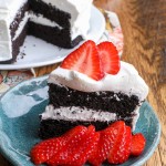 chocolate cake with whipped cream frosting on a blue plate with berries