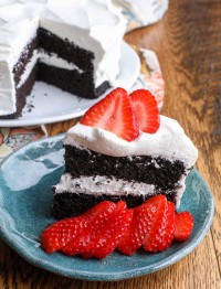 chocolate cake with whipped cream frosting on a blue plate with berries