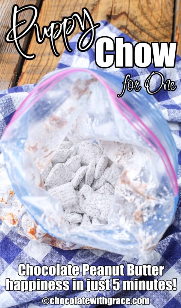 Puppy chow in zipclose bag on blue napkin