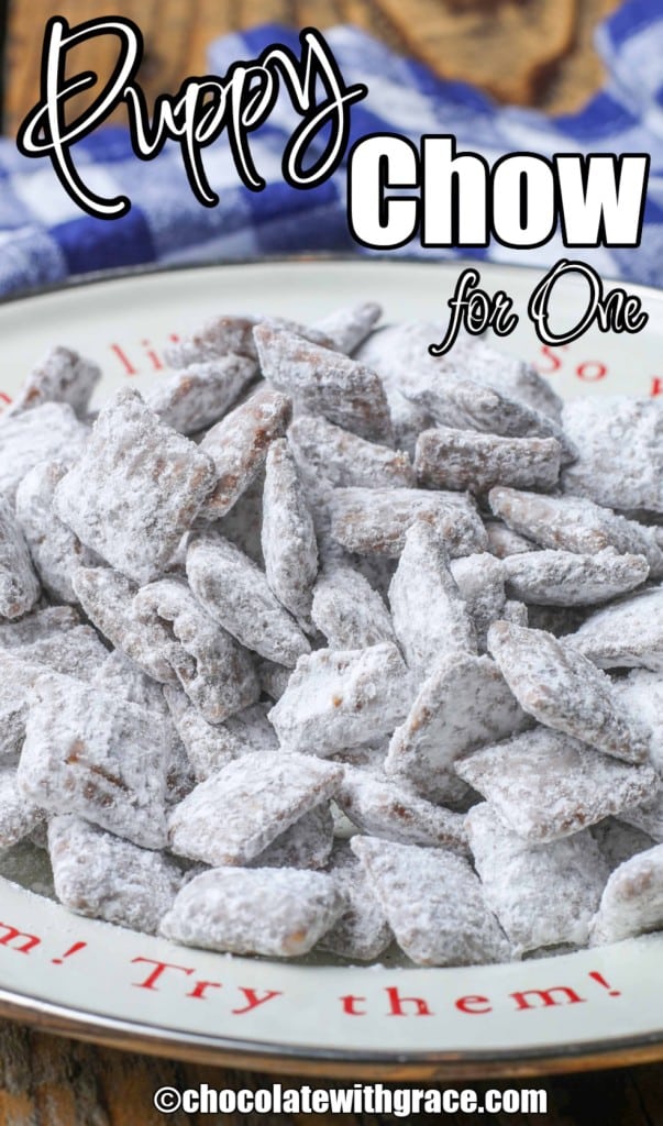 Puppy Chow on white plate with blue napkin