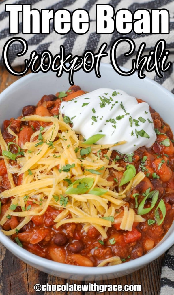 crock-pot chili in bowl with toppings